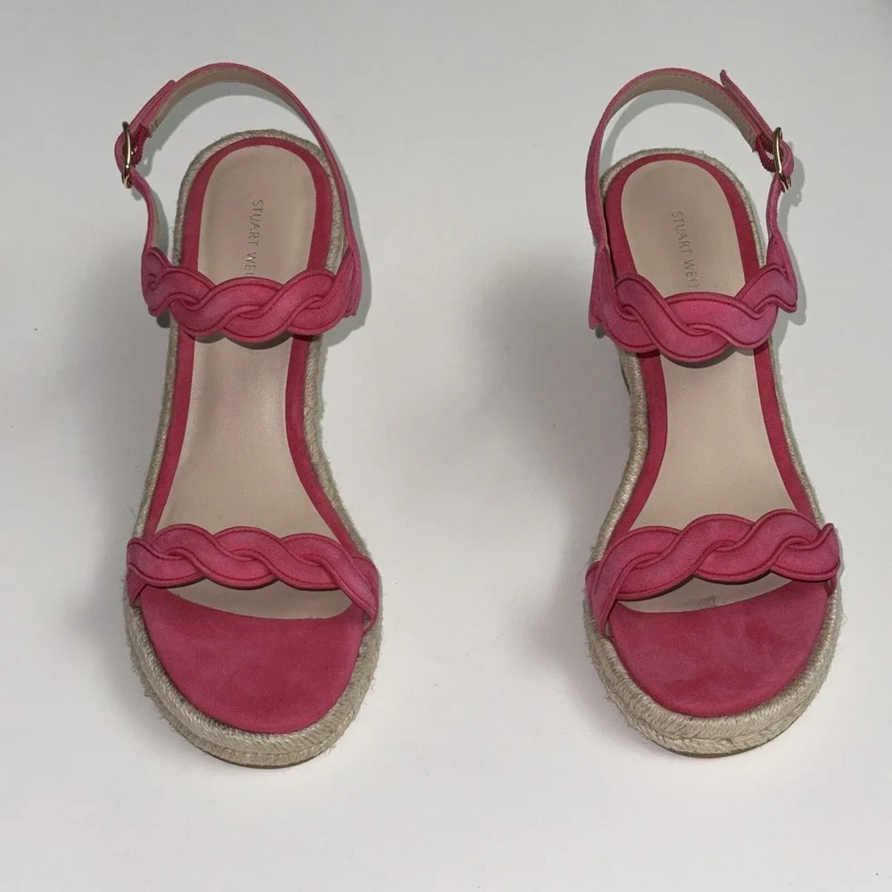 Stuart Weitzman Espadrille wedge suede sandals Twist Buckle Pink Women's 6.5